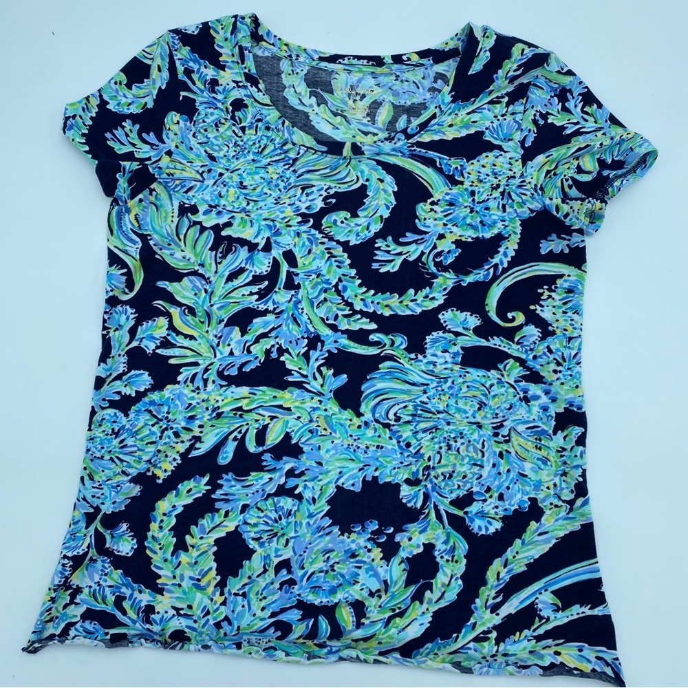 Lilly Pulitzer Mari Top Hide Tide Navy Scuba Doo Size Small T Shirt Short Sleeve - Picture 2 of 7